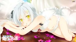 Rule 34 | 1girl, astralair no shiroki towa, barefoot, bra, cinderella bust, company name, copyright name, cross hair ornament, feet, finger to mouth, frilled pillow, frills, hair ornament, highres, hotaru rinne, lingerie, looking at viewer, lying, navel, on floor, on side, panties, petals, pillow, shida kazuhiro, smile, underwear, underwear only, wallpaper, white bra, white hair, white panties, yellow eyes