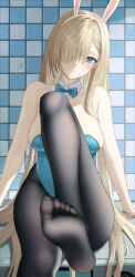 Rule 34 | 1girl, absurdres, animal ears, asuna (blue archive), asuna (bunny) (blue archive), blonde hair, blue archive, blue eyes, fake animal ears, feet, hair over one eye, highres, leotard, light blush, long hair, looking at viewer, pantyhose, playboy bunny, rabbit ears, soles, toes, too (totoo)