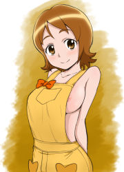 Rule 34 | 10s, 1girl, areola slip, arms behind back, blush, bow, breasts, brown eyes, brown hair, happinesscharge precure!, hone (koppun), looking at viewer, naked overalls, oomori yuuko, overalls, precure, short hair, smile, solo