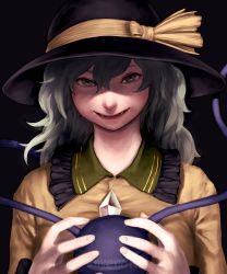 Rule 34 | 1girl, black background, black hat, blouse, breasts, buttons, dark background, diamond button, envenomist (gengoroumaru), eyebrows hidden by hair, fingernails, frilled shirt collar, frills, green eyes, grey hair, hair between eyes, hands up, hat, hat ribbon, komeiji koishi, long hair, long sleeves, looking at viewer, lower teeth only, medium breasts, nostrils, parted lips, ribbon, shaded face, shirt, simple background, smile, solo, teeth, third eye, touhou, upper body, yellow ribbon, yellow shirt