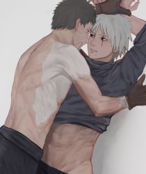 Rule 34 | 2boys, abs, against wall, arms up, black eyes, black gloves, black hair, black pants, clothes lift, colored skin, commentary, datomato, eye contact, face-to-face, gloves, grey hair, groin, hatake kakashi, holding another&#039;s wrist, holding hands, kabedon, looking at another, male focus, mole, mole under mouth, multicolored skin, multiple boys, muscular, muscular male, naruto (series), naruto shippuuden, navel, pants, red eyes, restrained, scar, scar across eye, scar on face, sharingan, shirt lift, short hair, stomach, teeth, topless male, two-tone skin, uchiha obito, yaoi