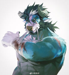Rule 34 | 1boy, absurdres, after battle, animal ears, applying bandages, bara, beard, blood, blood on arm, blue fur, cow ears, cow horns, facial hair, full beard, furry, furry male, highres, horns, huge eyebrows, large pectorals, looking at viewer, low ponytail, luoluokun517, male focus, mature male, minotaur, mouth hold, muscular, muscular male, original, pectorals, sanpaku, scar, scar across eye, serious, solo, thick beard, tsurime, upper body