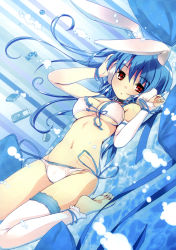 Rule 34 | 1girl, absurdres, animal ears, anklet, bare shoulders, barefoot, bikini, blue hair, breasts, choker, cleavage, detached sleeves, digital media player, dutch angle, earmuffs, feet, front-tie top, highres, jewelry, long hair, looking at viewer, lying, navel, on back, original, parted lips, partially submerged, rabbit ears, red eyes, refeia, ribbon, scan, side-tie bikini bottom, single sleeve, single thighhigh, soles, solo, swimsuit, thighhighs, toeless legwear, toes, underboob, water, white bikini, white thighhighs, wrist ribbon, wristband
