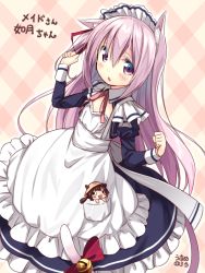 Rule 34 | 1girl, alternate costume, animal ear fluff, animal ears, apron, azur lane, bell, black dress, blush, bow, cat ears, cat girl, cat tail, commentary request, dress, enmaided, flat chest, frilled apron, frills, hair ribbon, hands up, jingle bell, juliet sleeves, kisaragi (azur lane), long hair, long sleeves, looking at viewer, maid, maid headdress, mutsuki (azur lane), mutsuki face (azur lane), neck ribbon, one side up, parted lips, pink hair, plaid, plaid background, puffy sleeves, red bow, red ribbon, ribbon, solo, tail, tail bell, tail bow, tail ornament, translation request, usume shirou, very long hair, white apron