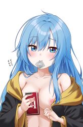 Rule 34 | 1girl, absurdres, armpit crease, black jacket, blue eyes, blue hair, blush, box, breasts, cleavage, collarbone, condom, condom in mouth, elie wayne, highres, holding, holding box, jacket, jan azure, large breasts, long hair, long sleeves, looking at viewer, mouth hold, nipples, off shoulder, original, sidelocks, simple background, solo, upper body, white background