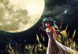 Rule 34 | 1girl, alternate costume, bad id, bad pixiv id, bare arms, bare shoulders, bat wings, blue hair, dress, fang, full moon, jewelry, lastdark, looking at viewer, moon, night, night sky, outdoors, pendant, pointy ears, red eyes, remilia scarlet, short hair, sky, smile, solo, star (sky), starry sky, strapless, strapless dress, touhou, tube dress, white dress, wings
