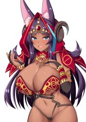 Rule 34 | 1girl, absurdres, animal ears, aqua eyes, bare shoulders, blush, breasts, bridal gauntlets, circlet, cleavage, dark-skinned female, dark skin, detached sleeves, fate/grand order, fate (series), forehead jewel, halterneck, highres, jackal ears, kisaragi nana, large breasts, long hair, looking at viewer, navel, open mouth, parted bangs, purple hair, queen of sheba (fate), smile, solo, stomach, white background