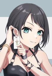 1girl absurdres bang_dream! bang_dream!_it&#039;s_mygo!!!!! black_hair blue_eyes bracelet breasts choker cleavage commentary_request earclip highres jewelry looking_at_viewer medium_hair open_mouth pink_choker smile solo temple_o_dragon unworn_earring upper_body yahata_umiri zipper_pull_tab