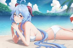 Rule 34 | 1girl, absurdres, ahoge, ass, beach, bikini, blue hair, blue nails, blue sky, blush, breasts, chiisa970, cleavage, closed mouth, cloud, day, elbow rest, from side, ganyu (genshin impact), genshin impact, hair between eyes, highres, horizon, light blue hair, lips, long hair, looking at viewer, lying, medium breasts, mountain, nail polish, on ground, on stomach, outdoors, own hands together, sand, sidelocks, sky, smile, solo, swimsuit, thighs, very long hair, water, wavy hair, wet, white bikini