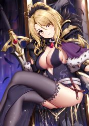 Rule 34 | 1girl, armor, black thighhighs, blonde hair, breasts, capelet, christina (princess connect!), cleavage, dress, eyebrows hidden by hair, eyes visible through hair, falling feathers, feathers, fur-trimmed capelet, fur trim, hair between eyes, head tilt, high ponytail, highres, jewelry, long hair, looking at viewer, medium breasts, necklace, parted bangs, pauldrons, pearl necklace, ponytail, princess connect!, purple capelet, shoulder armor, sitting, solo, sword, thighhighs, weapon, wsman, yellow eyes