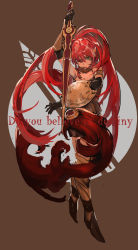 Rule 34 | 1girl, armlet, armor, bare shoulders, black gloves, boots, brown background, buckler, elbow gloves, english text, forehead protector, gloves, gorget, greaves, green eyes, hair over eyes, high heel boots, high heels, highres, long hair, nuda, pyrrha nikos, red hair, rwby, sarong, shield, solo, spoilers, sword, symbol, vambraces, very long hair, weapon