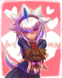 Rule 34 | 1girl, blush, bow, capcom, chocolate, english text, heart, horns, incoming gift, kirin (armor), long hair, looking at viewer, monster hunter (series), pleated skirt, red eyes, religious offering, school uniform, serafuku, silver hair, single horn, skirt, solo, tail, translated, tsukigami chronica, valentine