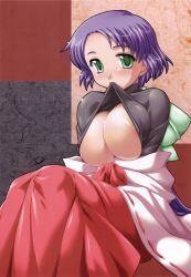 Rule 34 | 1girl, breasts, clothes lift, green eyes, hakama, hakama skirt, highres, huge breasts, japanese clothes, large breasts, miko, mouth hold, nf121, purple hair, red hakama, shirt lift, short hair, skirt, solo, underboob
