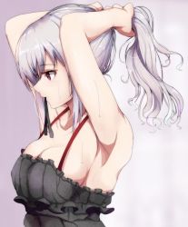 Rule 34 | 1girl, adjusting hair, armpits, arms up, bare arms, black tank top, blush, breasts, cleavage, collarbone, frills, gradient background, hand in own hair, idolmaster, idolmaster cinderella girls, kanzaki ranko, medium breasts, mouth hold, red eyes, ribbon, ribbon in mouth, ryuu., sideboob, solo, sweat, tank top, tying hair, upper body, white hair