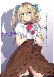Rule 34 | 1girl, alternate costume, black thighhighs, blonde hair, blue eyes, blue ribbon, blush, bow, box, brown skirt, character name, contrapposto, cowboy shot, dandou, enmaided, frilled skirt, frills, gloves, hair between eyes, hair ribbon, heart, heart-shaped box, highres, long hair, looking at viewer, maid, maid headdress, original, ribbon, skirt, solo, standing, sufiana altberg, thighhighs, translated, twitter username, two side up, valentine, white gloves