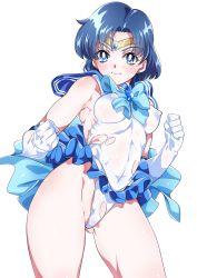 Rule 34 | 1girl, absurdres, bare shoulders, bishoujo senshi sailor moon, blue eyes, blue hair, blue sailor collar, blue skirt, blush, breasts, brooch, choker, clenched hand, clenched hands, covered erect nipples, earrings, elbow gloves, gloves, heart, heart brooch, highres, jewelry, magical girl, matching hair/eyes, mizuno ami, niko (tama), sailor collar, sailor mercury, sailor senshi, short hair, simple background, skirt, small breasts, smile, solo, tiara, torn clothes, white background, white gloves