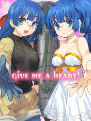 Rule 34 | 1girl, bare arms, bare shoulders, blue eyes, blue gloves, blue hair, breasts, cargo pants, cleavage, cowboy shot, dress, facing viewer, glasses, gloves, gyokai (artist), gyoukai (artist), heart, looking at viewer, m1 bazooka, maria custard, medium breasts, onono imoko, orion (artist), orion (orionproject), outstretched arm, over-rim eyewear, pants, rance (series), rance 02, rance ix, reaching, reaching towards viewer, ribbon, rocket launcher, semi-rimless eyewear, short dress, side ponytail, smile, standing, straight hair, strapless, strapless dress, tagme, weapon, white dress