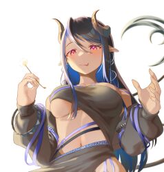 Rule 34 | 1girl, absurdres, bandeau, belt, black bandeau, black belt, black hair, black jacket, black skirt, blue belt, blue hair, blue mountain (user aesh3827), blush, breasts, chest belt, closed mouth, commentary request, couch, demon girl, demon horns, demon tail, forked tongue, grey horns, hair between eyes, hebiyoi tier, hebiyoi tier (1st costume), highres, hip vent, horns, jacket, lap pillow invitation, large breasts, long hair, long sleeves, looking at viewer, mimikaki, multicolored hair, nanashi inc., navel, off shoulder, open clothes, open jacket, pink eyes, pointy ears, sidelocks, simple background, skirt, smile, solo, sugar lyric, tail, tongue, transparent background, two-tone hair, underboob, upper body, virtual youtuber