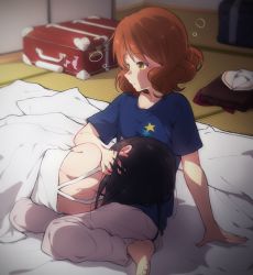 Rule 34 | 10s, 2girls, arm support, bare shoulders, barefoot, black hair, blanket, brown eyes, brown hair, unworn clothes, folded clothes, futon, futonchan, hand in another&#039;s hair, hand on another&#039;s head, hibike! euphonium, highres, indoors, instrument, instrument case, kousaka reina, lap pillow, looking away, lying, multiple girls, musical note, on side, oumae kumiko, pillow, school uniform, shirt, sitting, sleepwear, sleepy, sticker, suitcase, t-shirt, tatami, trumpet, under covers, wariza, yuri
