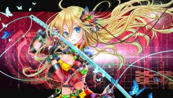 Rule 34 | 1girl, blonde hair, blue eyes, breasts, bug, butterfly, digital rain, elbow gloves, flower, gloves, hair flower, hair ornament, highres, bug, lily (vocaloid), long hair, looking at viewer, moyon, nail polish, solo, sword, vocaloid, weapon