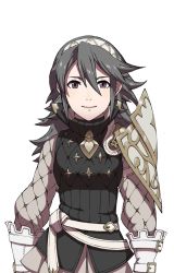 Rule 34 | 1girl, fire emblem, fire emblem fates, grey hair, hairband, messy hair, nintendo, official art, simple background, smile, soleil (fire emblem), solo, upper body