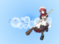 Rule 34 | 00s, 1girl, bamboo broom, blue background, broom, hisui (tsukihime), kooriyama azuki, maid, pantyhose, solo, tsukihime, wallpaper