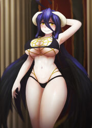 Rule 34 | 1girl, absurdres, albedo (overlord), arm at side, arm behind head, arm up, bikini, black bikini, black feathers, black nails, blue hair, blush, breasts, chocomilk, demon girl, demon horns, feathers, feet out of frame, female focus, grin, highres, horns, indoors, large breasts, long hair, looking at viewer, low wings, nail polish, naughty face, overlord (maruyama), slingshot swimsuit, slit pupils, smile, solo, spider web bikini, standing, swimsuit, swimsuit under swimsuit, thighhighs, two-layer swimsuit, very long hair, wings, yellow bikini, yellow eyes