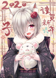 Rule 34 | 1girl, 2020, = =, absurdres, animal, animal ear fluff, animal ears, back bow, black collar, black kimono, blush, bow, brown bow, cat ears, chinese zodiac, closed eyes, collar, commentary request, fang, fingernails, floral print, flower, fur collar, hair flower, hair ornament, hair over one eye, hasumi (hasubatake39), highres, holding, holding animal, japanese clothes, kimono, kuon (hasumi (hasubatake39)), mouse (animal), obi, open mouth, original, print kimono, red eyes, red flower, sash, silver hair, solo, sweat, year of the rat