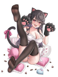 Rule 34 | 1girl, absurdres, animal ears, animal hands, azur lane, black hair, box, breasts, candy, cat ears, cat paws, cat tail, chocolate, chocolate heart, cleavage, fake animal ears, feet, food, gloves, heart, heart-shaped box, heart-shaped pillow, highres, large breasts, long hair, looking at viewer, open mouth, pamiat merkuria (azur lane), pamiat merkuria (mercurial chocolate love) (azur lane), paw gloves, pillow, pink eyes, soles, solo, tail, thighhighs, toes, valentine