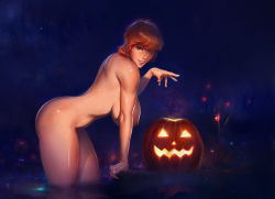 Rule 34 | 1girl, agnidevi, arched back, arm support, bent over, breasts, brown eyes, brown hair, female pubic hair, halloween, hanging breasts, huge breasts, jack-o&#039;-lantern, nude, original, pubic hair, pumpkin, realistic, shiny skin, short hair, smile, solo