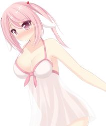 Rule 34 | 1girl, animal ears, bad id, bad nicoseiga id, blush, breasts, chemise, chimunge, cleavage cutout, clothing cutout, full-face blush, hair bobbles, hair ornament, highres, large breasts, long hair, original, pink eyes, pink hair, rabbit ears, solo, strap gap, twintails