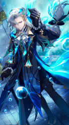 Rule 34 | 1boy, air bubble, ascot, black gloves, black pants, blue brooch, blue coat, blue gemstone, blue hair, bubble, cane, coat, expressionless, feather hair ornament, feathers, gem, genshin impact, gloves, hair ornament, highres, holding, holding cane, lapels, light blue hair, long hair, male focus, mito itsuki, multicolored hair, neuvillette (genshin impact), pants, purple eyes, snapping fingers, solo, streaked hair, white ascot, white hair