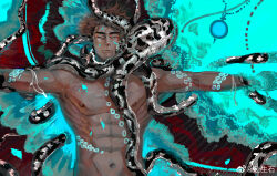 Rule 34 | 1boy, abs, bannriishi, bara, check copyright, closed eyes, copyright request, dark-skinned male, dark skin, facial mark, from above, highres, large pectorals, male focus, mature male, muscular, muscular male, navel, nipples, nude, original, outstretched arms, pectorals, short hair, snake, solo, spread arms, stomach, straight-on, thick eyebrows, upper body