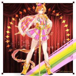 Rule 34 | 1girl, animal ears, armor, artist logo, boots, cane, cape, character name, closed mouth, corset, crown, curtains, full body, hand on own hip, highres, holding, holding cane, horse ears, horse girl, horse tail, long sleeves, looking at viewer, nishioki tama, orange hair, purple eyes, shirt, shoulder armor, skirt, smile, solo, standing, t.m. opera o (umamusume), tail, thighhighs, two-tone shirt, umamusume, white shirt, white thighhighs, yellow footwear