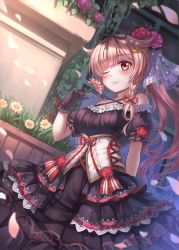 Rule 34 | 10s, 1girl, ;), alternate costume, alternate hair color, alternate hairstyle, arm behind back, bare shoulders, black dress, black gloves, blush, braid, cross-laced clothes, dress, dutch angle, fang, fang out, flower, frills, gloves, grass, hair flaps, hair ornament, hair ribbon, hairclip, highres, holding, holding flower, kantai collection, lace, lace-trimmed dress, lace trim, layered dress, long hair, miazi, one eye closed, outdoors, petals, pink hair, plant, ponytail, red eyes, red ribbon, ribbon, rose, short sleeves, smelling flower, smile, solo, vines, yuudachi (kancolle), yuudachi kai ni (kancolle)