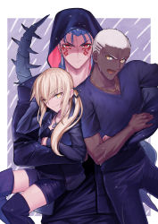 Rule 34 | 1girl, 2boys, :/, absurdres, artoria pendragon (all), artoria pendragon (fate), black pants, black shirt, black shorts, black thighhighs, blonde hair, blue hair, closed mouth, cornrows, cu chulainn (fate), cu chulainn (fate) (all), cu chulainn (fate/stay night), cu chulainn alter (fate), cu chulainn alter (fate/grand order), dark skin, emiya alter, facial mark, fate/grand order, fate (series), frown, hair strand, highres, hood, huge filesize, jewelry, lancer, long hair, looking at viewer, moto (otemoto02), multiple boys, necklace, official alternate costume, pants, ponytail, purple background, red eyes, saber alter, saber alter (ver. shinjuku 1999) (fate), shirt, shorts, smile, spikes, tail, tattoo, thighhighs, wet, white hair, yellow eyes