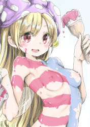 Rule 34 | 1girl, :d, arched back, armpits, bad anatomy, blonde hair, blue background, blush, bodypaint, breasts, bucket, chikado, clownpiece, collarbone, commentary request, fairy wings, gradient background, hands up, hat, highres, holding, holding bucket, holding paintbrush, jester cap, long hair, looking at viewer, naked paint, nipples, nude, open mouth, paint can, paintbrush, painted clothes, polka dot, polka dot headwear, purple hat, red eyes, simple background, small breasts, smile, solo, tareme, touhou, upper body, white background, wings