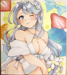 Rule 34 | 1girl, absurdres, asymmetrical bangs, casual one-piece swimsuit, choker, cowboy shot, criss-cross halter, flower, food, frilled one-piece swimsuit, frills, fruit, grey hair, hair flower, hair ornament, hairband, halterneck, highleg, highleg one-piece swimsuit, highres, kantai collection, long hair, official alternate costume, one-piece swimsuit, one eye closed, purple eyes, sagiri (kancolle), sagiri kai (swimsuit mode) (kancolle), shawl, side-tie swimsuit, smile, solo, strawberry, swept bangs, swimsuit, traditional media, user xdhg7247, white choker, white one-piece swimsuit, white shawl