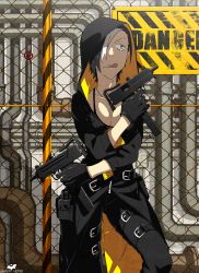 Rule 34 | 1girl, :q, belt, bikini, bikini top only, black hair, breasts, chain-link fence, cleavage, commentary request, cross, dual wielding, fence, gun, hair over one eye, highres, holding, holding gun, holding weapon, hood, iwado anna, jewelry, kamezaemon, mac-10/11, medium breasts, multicolored hair, necklace, original, revision, short hair, solo, standing, submachine gun, swimsuit, tongue, tongue out, two-tone hair, weapon, white hair