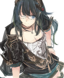 Rule 34 | 1girl, aqua eyes, asagi (kabocha oukoku), blue hair, breasts, cleavage, ear piercing, glasses, gloves, granblue fantasy, hair ornament, hairband, highres, illnott (granblue fantasy), jacket, jewelry, looking at viewer, necklace, piercing, sketch, solo, upper body, white background