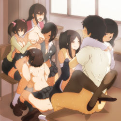 Rule 34 | 1boy, 6+girls, ass, back, bare back, black footwear, black hair, black jacket, black legwear, blush, bottomless, grabbing another&#039;s breast, breasts, brown footwear, brown hair, chair, classroom, cleavage, clenched teeth, closed eyes, closed mouth, clothes lift, collarbone, collared shirt, cunnilingus, desk, dimples of venus, drooling, grabbing, groin, group sex, hair between eyes, hair ornament, hair scrunchie, half-closed eyes, hands on another&#039;s shoulder, head tilt, hetero, high heels, implied sex, indoors, jacket, large breasts, leg lock, loafers, locker, long sleeves, miniskirt, morokoshitaroh, multiple girls, nipples, no bra, off shoulder, on desk, open clothes, open jacket, open shirt, oral, orgy, original, pantyhose, pink jacket, pleated skirt, saliva, saliva trail, school, school desk, scrunchie, sex, shirt, shoes, short hair, sitting, on desk, skirt, skirt lift, smile, spread legs, squatting, straddling, sweat, sweater, table, teamwork, teeth, thighhighs, tongue, tongue out, topless, twintails, underboob, upright straddle, wet, white legwear, white shirt, wince, window, wing collar, yellow jacket, yuri, zettai ryouiki