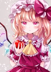 Rule 34 | 1girl, apple, ascot, blonde hair, blush, commentary request, crystal, flandre scarlet, food, frilled shirt collar, frills, fruit, grey background, hat, hat ribbon, heart, heart-shaped pupils, jaku sono, looking at viewer, mob cap, pointy ears, puffy short sleeves, puffy sleeves, red eyes, red vest, ribbon, short sleeves, side ponytail, simple background, solo, symbol-shaped pupils, touhou, vest, wings, wrist cuffs, yellow ascot