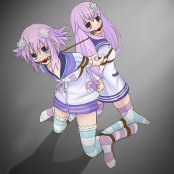 Rule 34 | 10s, 2girls, ball gag, bdsm, blush, bondage, bound, bound together, collar, d-pad, femuto, gag, hair ornament, incest, linked collar, long hair, looking at viewer, multiple girls, nepgear, neptune (neptunia), neptune (series), open mouth, purple eyes, purple hair, restrained, rope, shibari, short hair, siblings, striped clothes, striped legwear, striped thighhighs, thighhighs