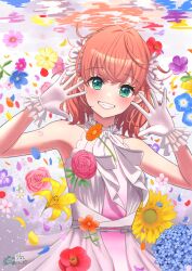 Rule 34 | 1girl, :d, blue flower, blush, commentary request, crossed bangs, dated, dress, flower, frilled gloves, frills, gloves, gradient dress, green eyes, grin, hampem7, hands up, highres, hinoshita kaho, layered dress, link! like! love live!, link to the future (love live!), looking at viewer, love live!, medium hair, open mouth, orange hair, pink dress, pink flower, purple flower, red flower, sleeveless, sleeveless dress, smile, solo, twitter username, two side up, underwater, virtual youtuber, white dress, white gloves, yellow flower