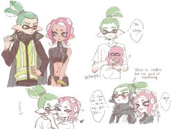 Rule 34 | 1boy, 1girl, ^ ^, arrow (symbol), breasts, bright pupils, closed eyes, english text, green hair, grey eyes, groin, hand on another&#039;s face, headgear, heart, hetero, high-visibility vest, inkling, inkling boy, inkling player character, long sleeves, looking at another, medium breasts, navel, nintendo, octoling, octoling girl, octoling player character, octopus, pink hair, ponytail, simple background, single bare shoulder, single sleeve, speech bubble, splatoon (series), splatoon 2, splatoon 2: octo expansion, suction cups, tentacle hair, thenintlichen96, unworn headgear, v-shaped eyebrows, white background, white pupils, yellow eyes