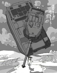 Rule 34 | 1girl, arm up, bad drawr id, bad id, bird, carrying, child, cloud, dress, military, military vehicle, monochrome, motor vehicle, nao-08, original, outstretched arm, pigeon, scenery, sky, smile, solo, surreal, tank, translated, twintails, vehicle