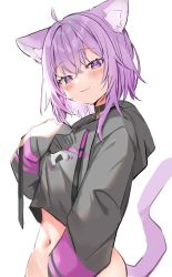 Rule 34 | 1girl, ahoge, animal ears, black choker, black hoodie, blush, bottomless, cat ears, cat pendant, cat tail, choker, clothes lift, collar, cowboy shot, hand on own chest, highres, hololive, hood, hoodie, hoodie lift, looking at viewer, navel, nekomata okayu, nekomata okayu (1st costume), onigiri print, pendant choker, purple eyes, purple hair, satoupote, simple background, sleeves past fingers, sleeves past wrists, smile, solo, tail, virtual youtuber, white background