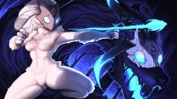 Rule 34 | 1girl, animal ears, arrow (projectile), artist name, blue background, body fur, bow (weapon), breasts, fingernails, glowing, glowing eyes, green eyes, grey hair, highres, holding, holding bow (weapon), holding weapon, kawfee, kindred (league of legends), lamb (league of legends), large breasts, league of legends, long hair, mask, open mouth, sharp fingernails, sheep ears, tree, weapon, white fur, white hair, wolf (league of legends)