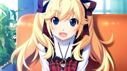 Rule 34 | 10s, 1girl, :d, blonde hair, blue eyes, game cg, grisaia (series), grisaia no kajitsu, hair ribbon, heart, heart necklace, jewelry, long hair, looking at viewer, matsushima michiru, necklace, open mouth, plaid, ribbon, smile, solo, twintails, watanabe akio