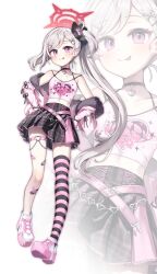 Rule 34 | 1girl, absurdres, alternate costume, black scrunchie, black skirt, blue archive, blush, breasts, closed mouth, collarbone, full body, grey hair, hair ornament, hair scrunchie, halo, highres, long hair, mono (mono mon), multiple views, mutsuki (blue archive), pink footwear, pleated skirt, purple eyes, red halo, scrunchie, shoes, side ponytail, simple background, single thighhigh, skirt, small breasts, smile, striped clothes, striped thighhighs, thighhighs, tongue, tongue out, white background, white footwear, x hair ornament, zoom layer